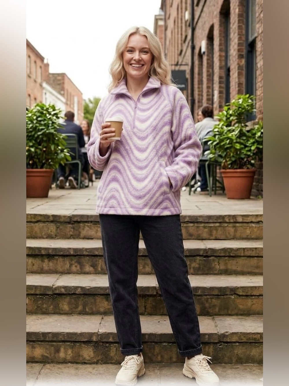 ASOS DESIGN Women's 6 Purple/White Abstract Fleece 1/2 Zip Sweatshirt Pockets